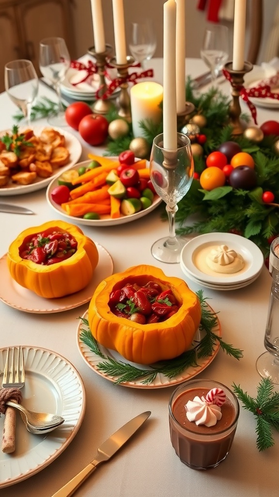 Vegetarian Christmas Dinner Ideas A festive vegetarian Christmas dinner table with stuffed acorn squash, roasted vegetables, and chocolate mousse.